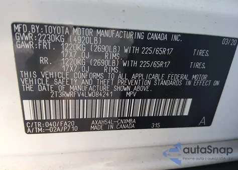 2020 Toyota Rav4 Hybrid Xle z USA, uszkodzony, nr VIN 2T3RWRFV4LW084241